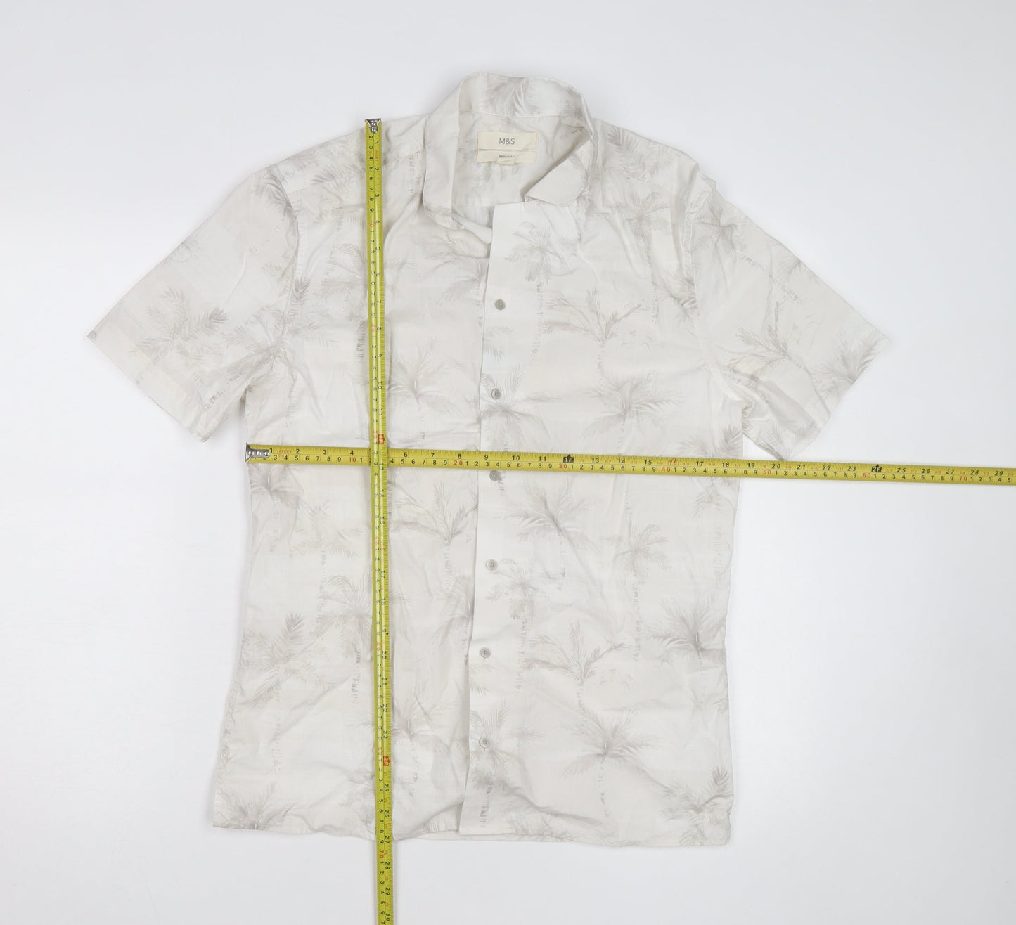 Marks and Spencer Men's Beige Tropical Short Sleeve Button-Up Shirt S