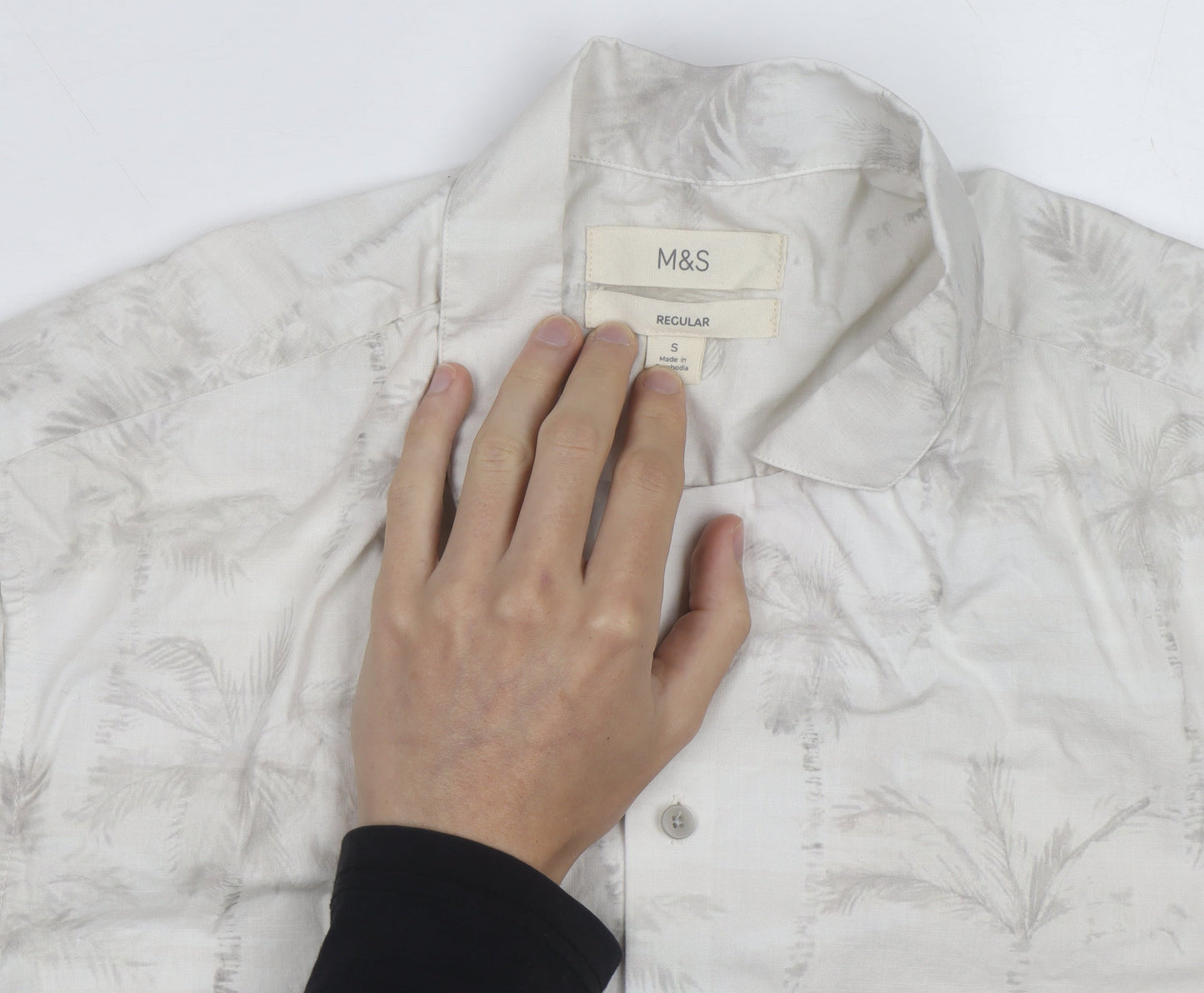 Marks and Spencer Men's Beige Tropical Short Sleeve Button-Up Shirt S