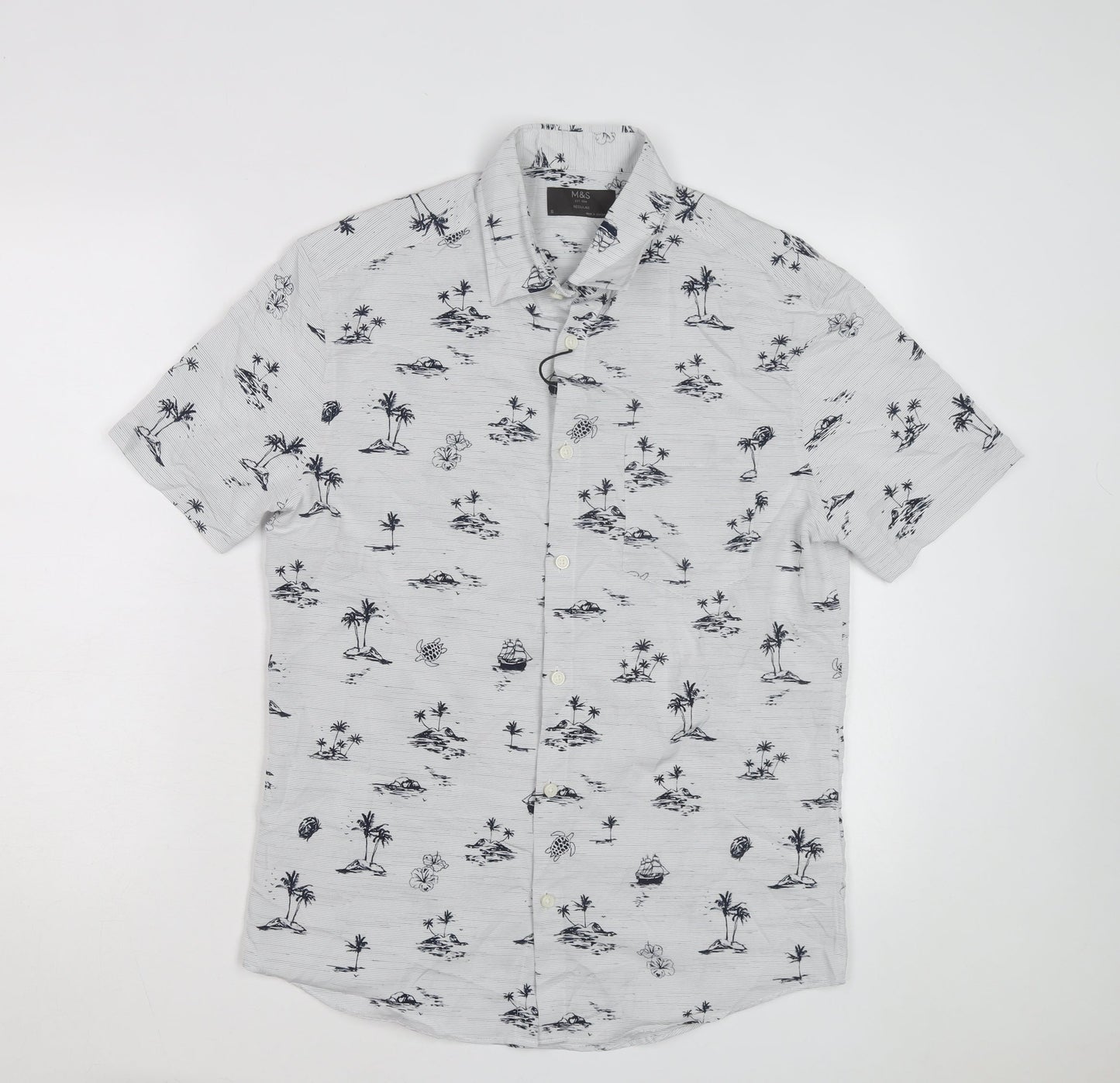 Marks and Spencer Men's White Tropical Print Regular Short Sleeve Shirt Size S