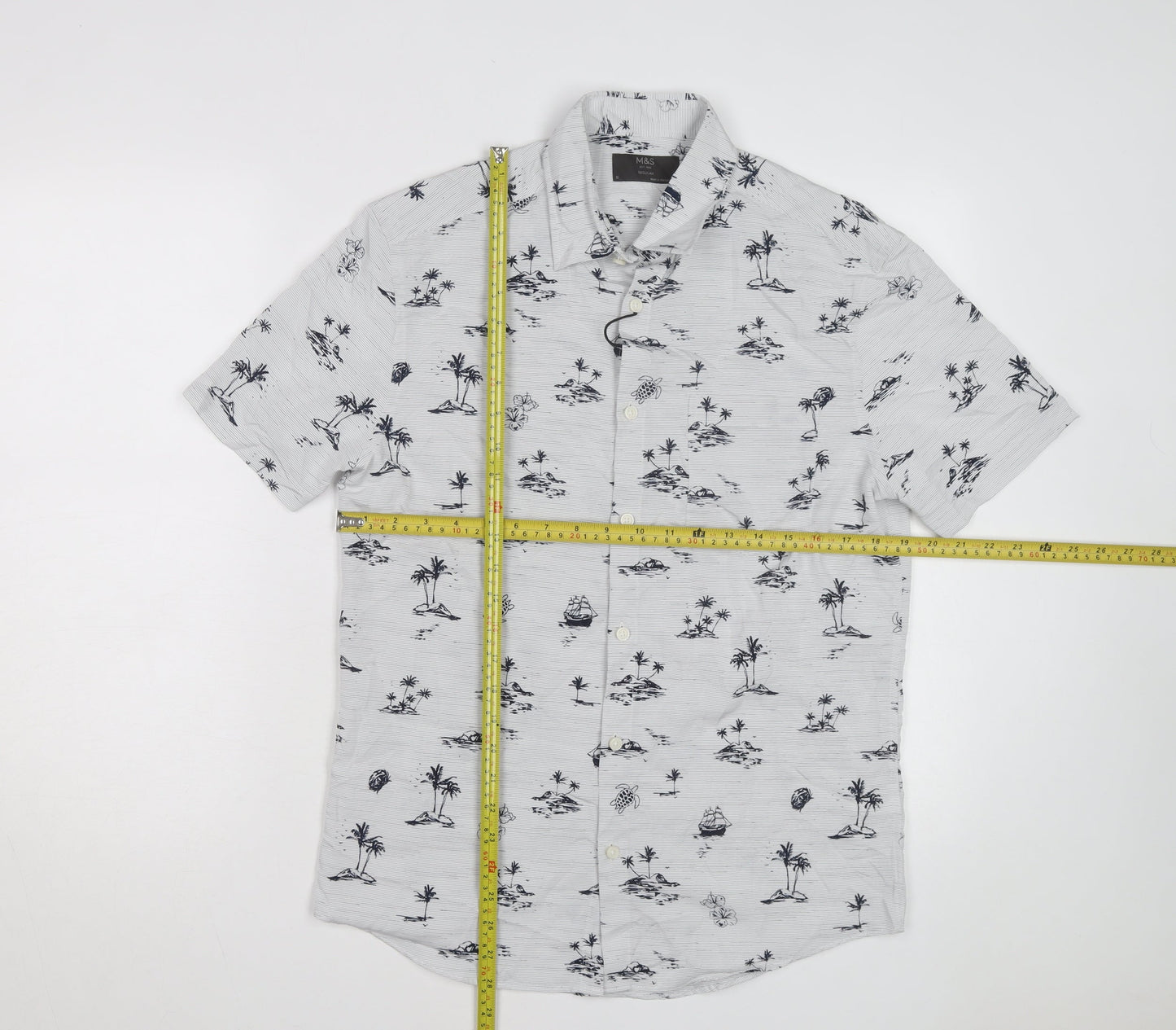 Marks and Spencer Men's White Tropical Print Regular Short Sleeve Shirt Size S