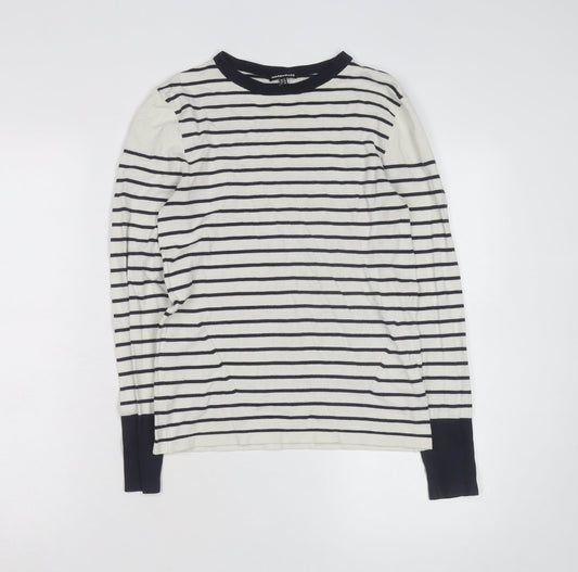 Warehouse Women’s Navy Stripe Crew Neck Jumper UK 10 Cotton Blend Long Sleeve
