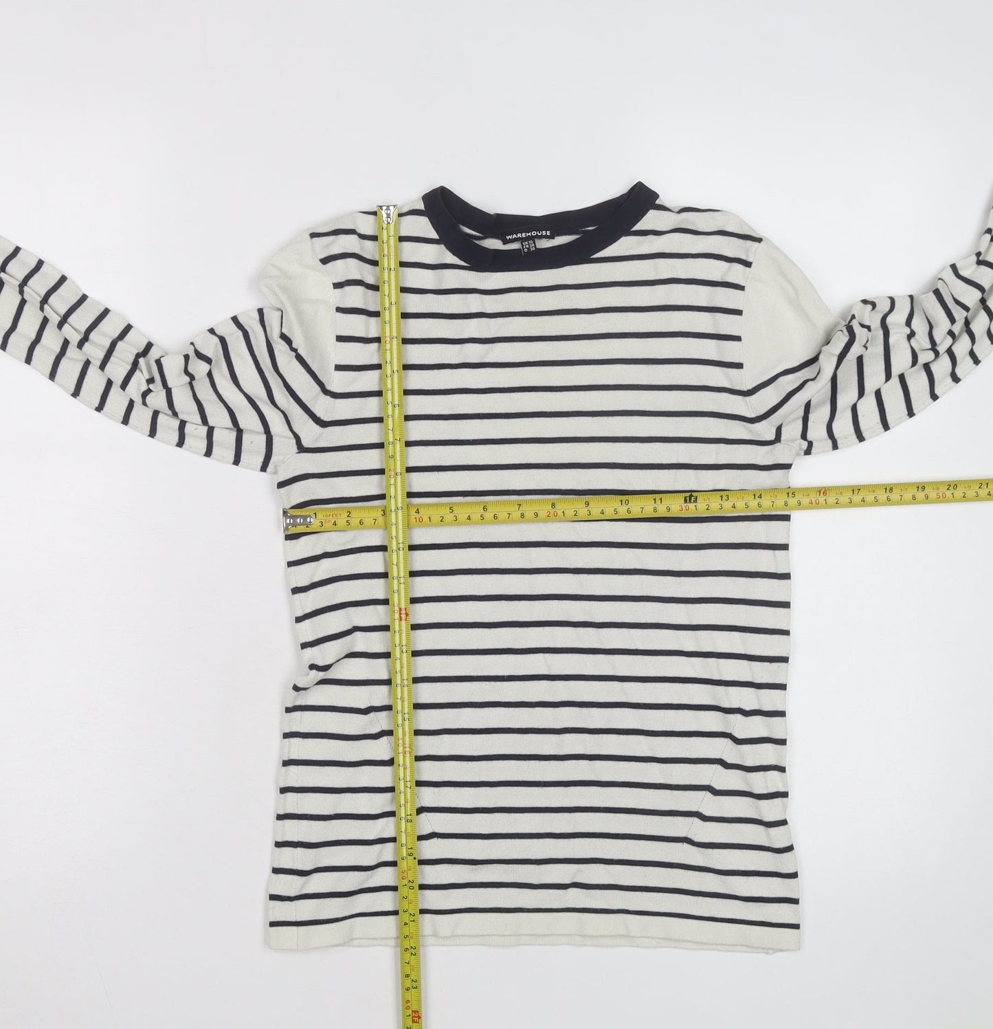 Warehouse Women’s Navy Stripe Crew Neck Jumper UK 10 Cotton Blend Long Sleeve