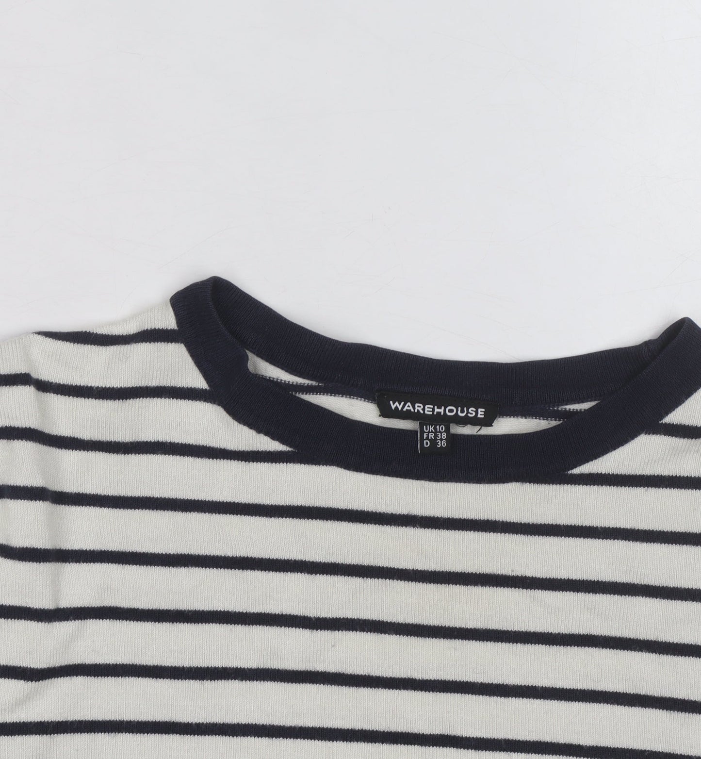 Warehouse Women’s Navy Stripe Crew Neck Jumper UK 10 Cotton Blend Long Sleeve