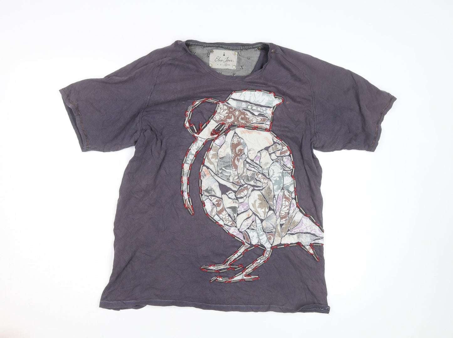 Elvis Jesus Men's Grey XL Graphic Bird Embroidered Cotton T-Shirt