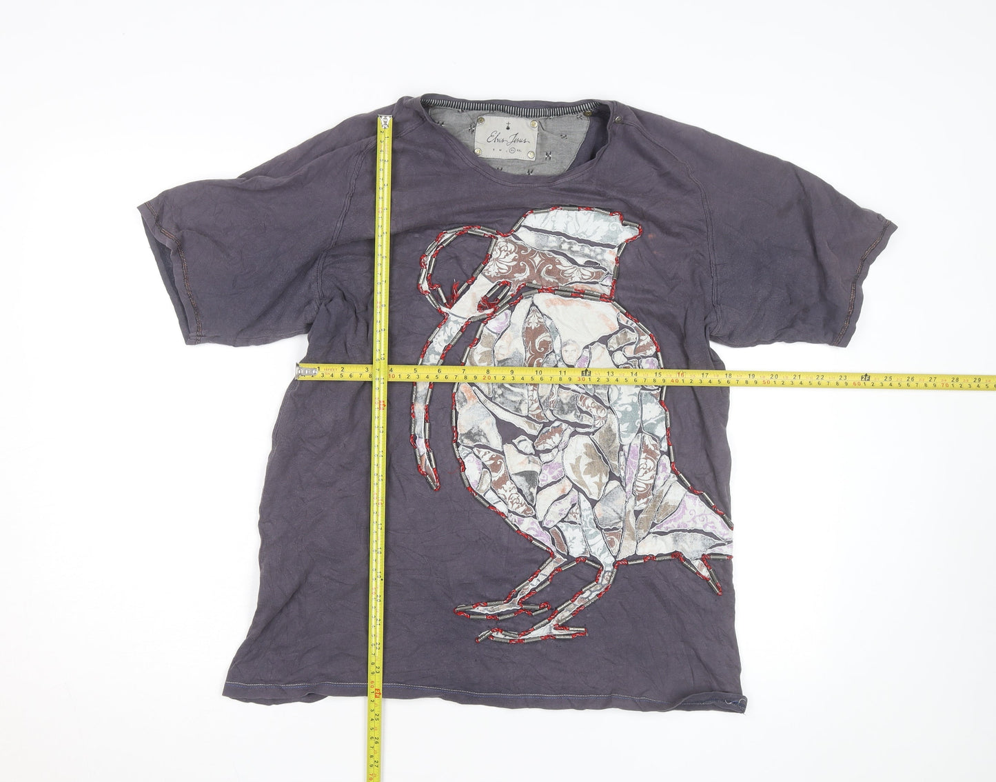 Elvis Jesus Men's Grey XL Graphic Bird Embroidered Cotton T-Shirt
