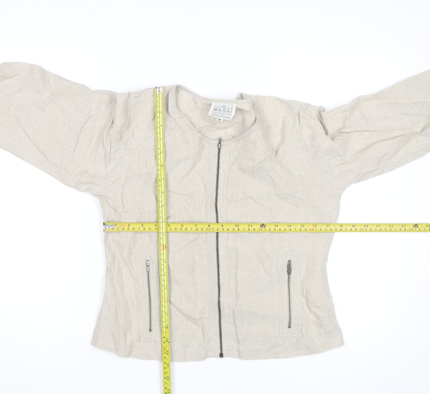 Masai Women Beige Linen Zip Blouse Size M Lightweight Casual Top