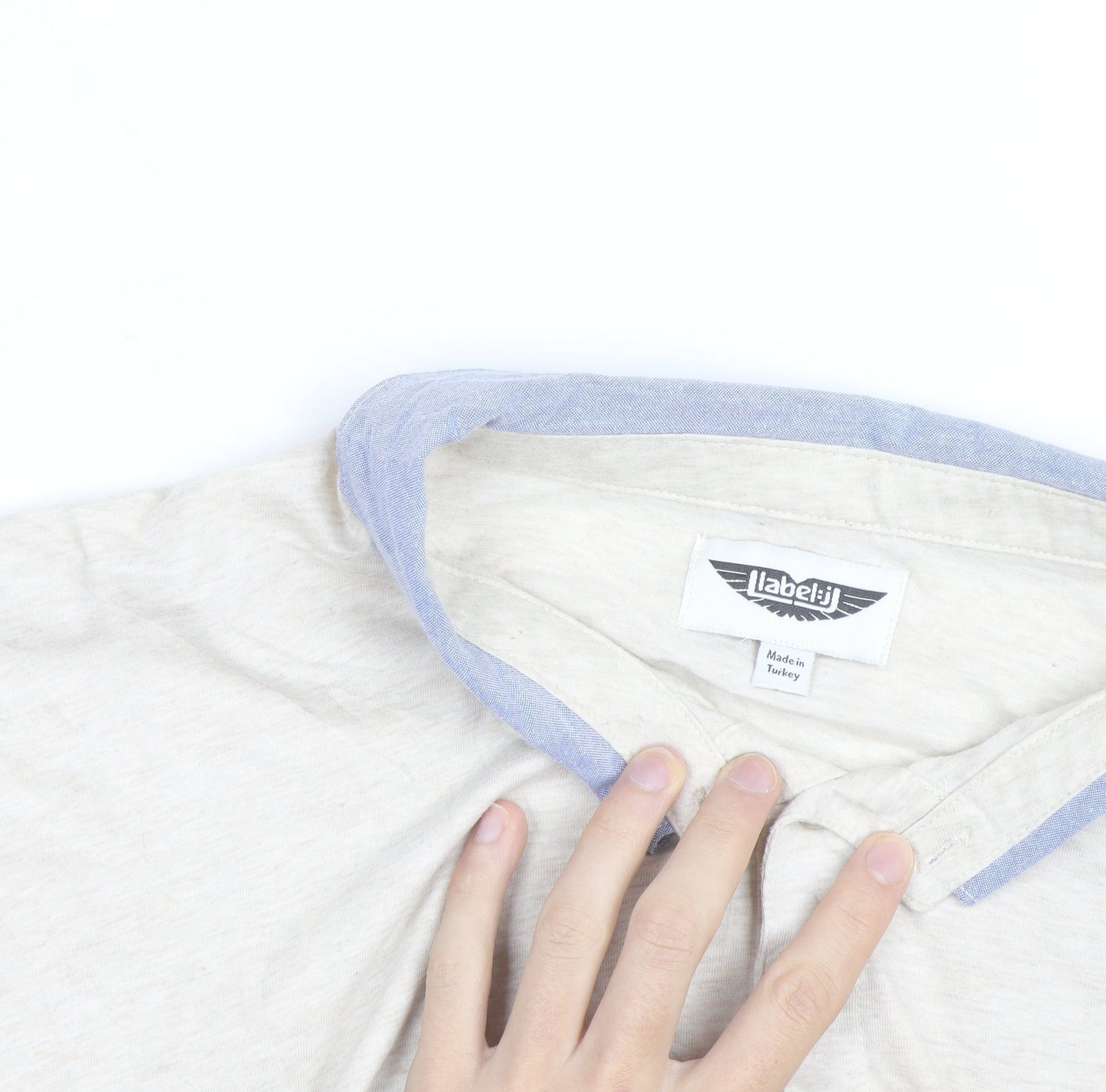 Label J Men’s Beige Short Sleeve Button-Up Shirt Size L Cotton Blend