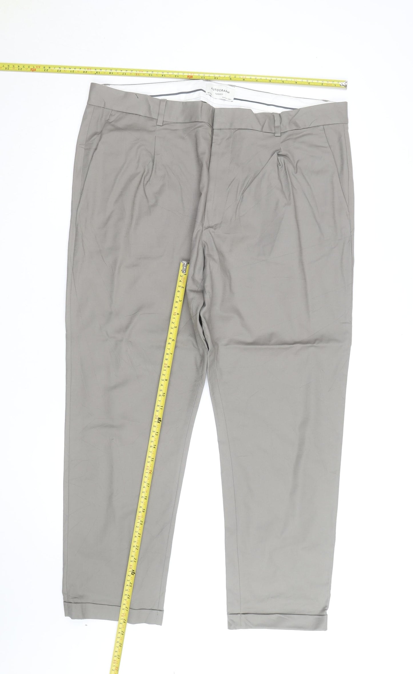 Marks and Spencer Autograph Men's Beige 40 Regular Tapered Cotton Trousers
