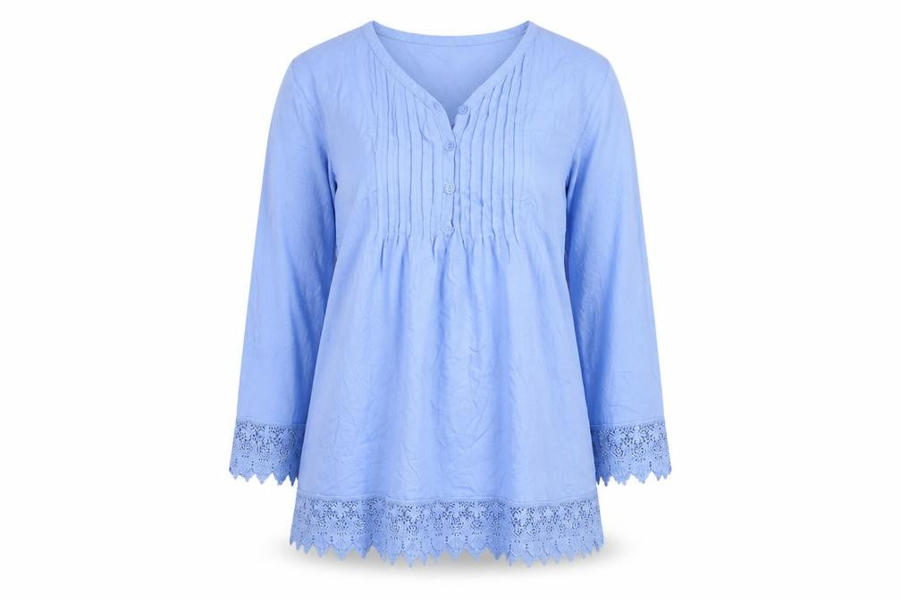 Cotton Traders Women's Blue Tunic Blouse Size 10 V-Neck 3/4 Sleeve