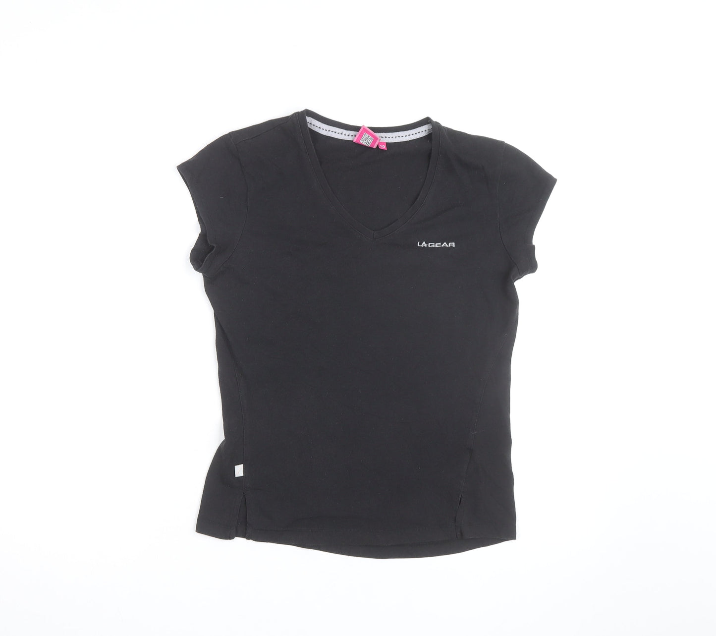 LA Gear Womens Black V-Neck Slim Fit Short Sleeve Cotton T-Shirt Size 10