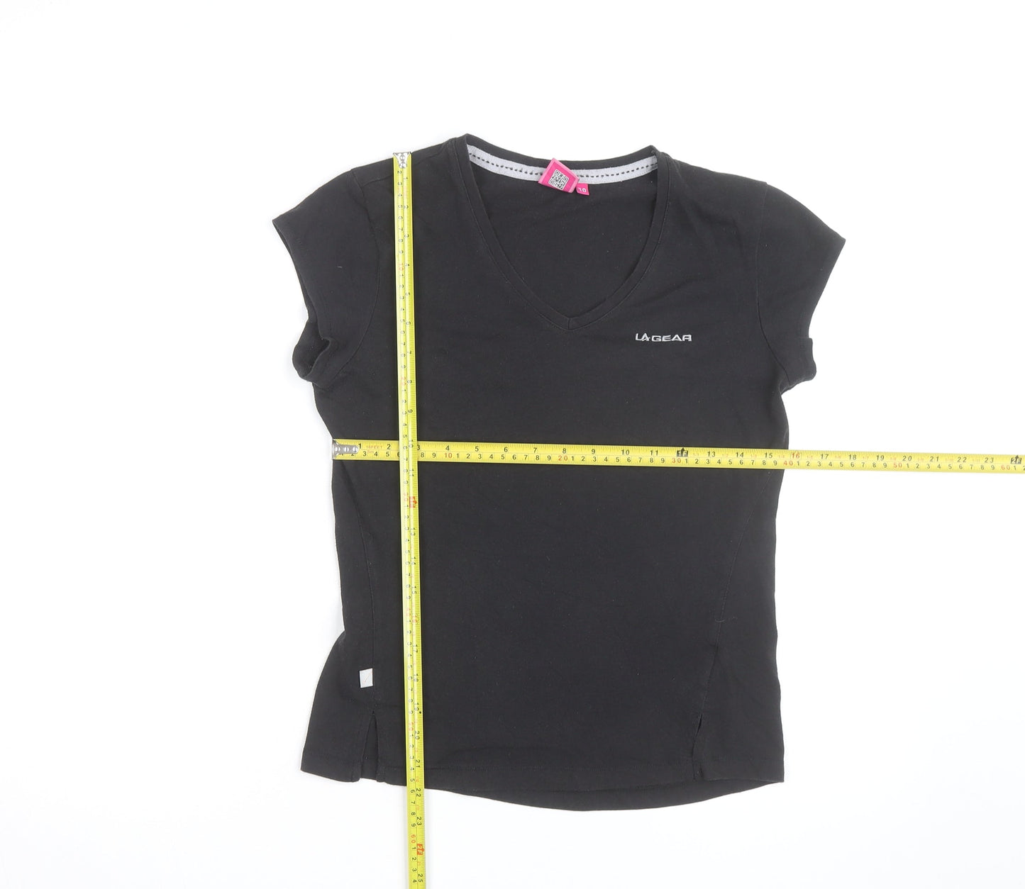LA Gear Womens Black V-Neck Slim Fit Short Sleeve Cotton T-Shirt Size 10