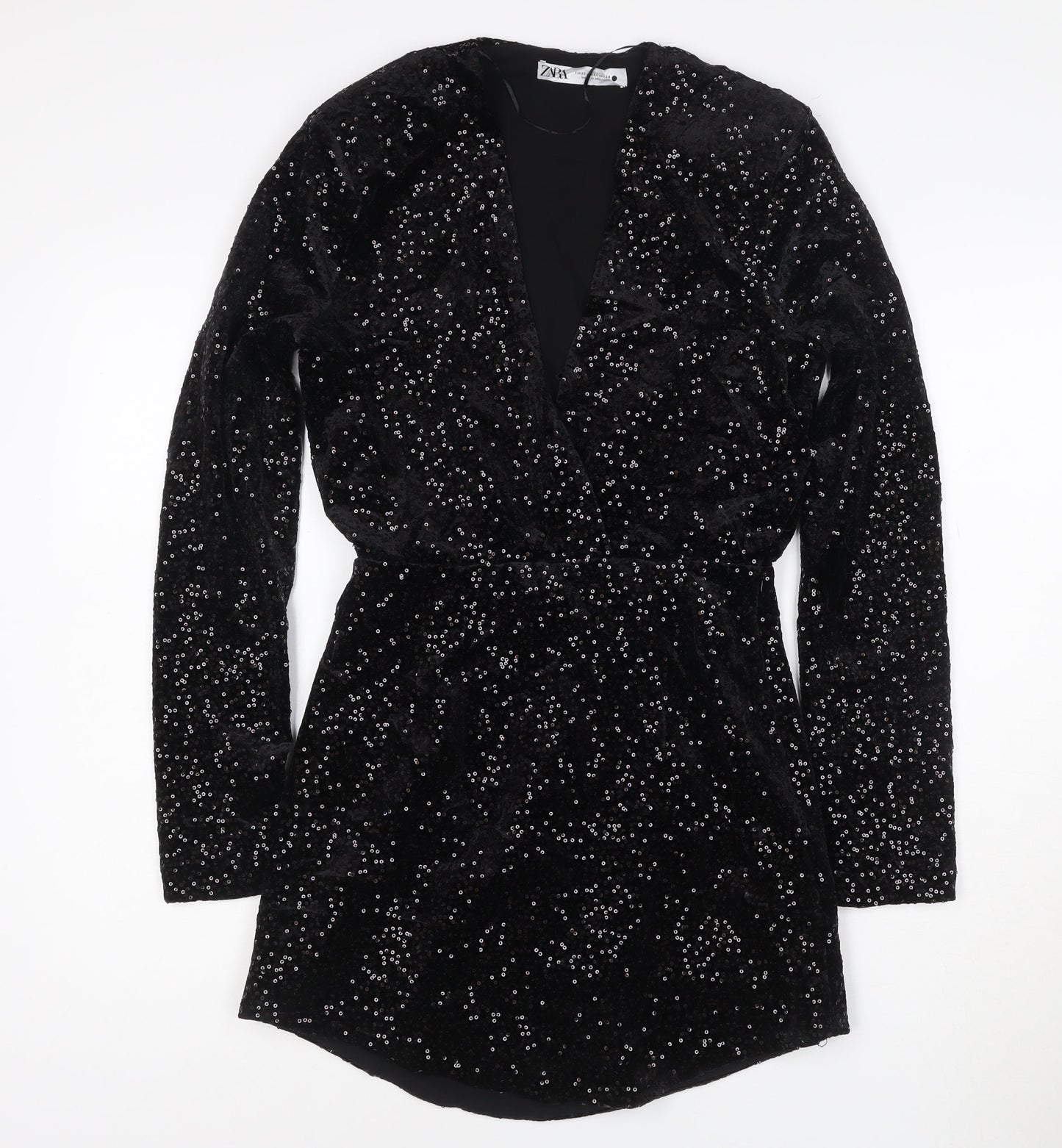 Zara Women Black Sequin Velvet Wrap Dress XS Long Sleeve Party