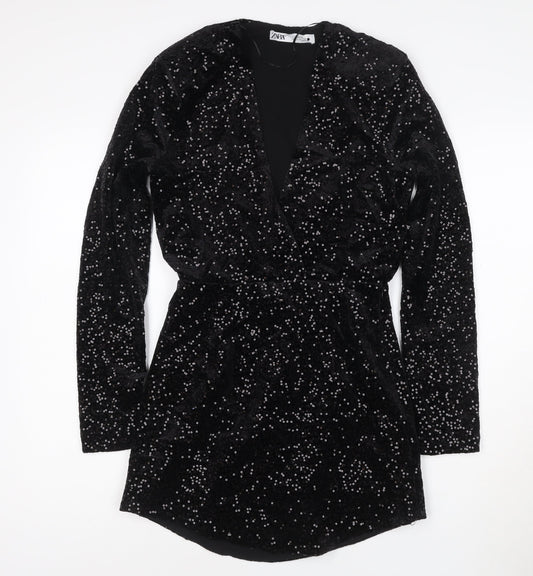 Zara Women Black Sequin Velvet Wrap Dress XS Long Sleeve Party