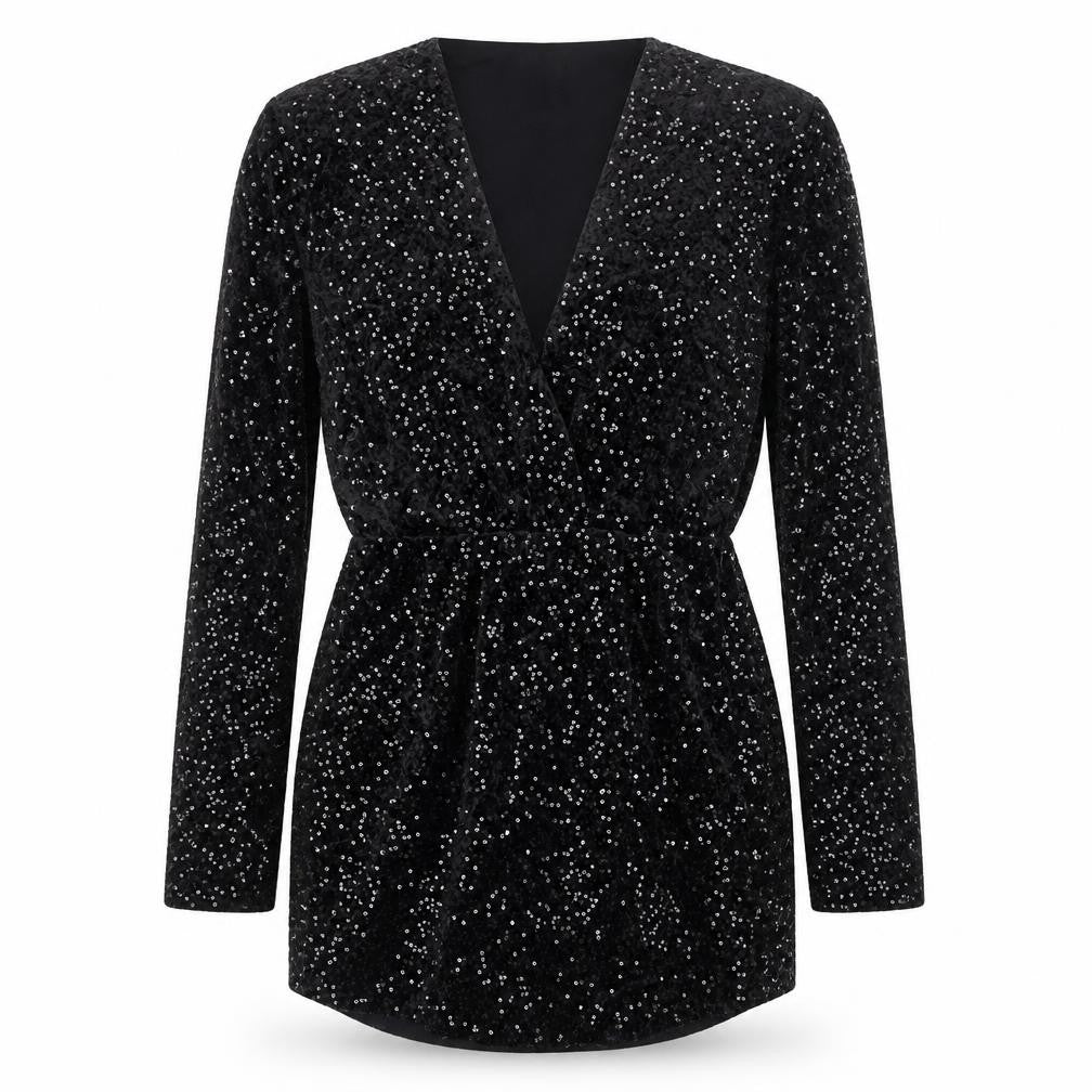 Zara Women Black Sequin Velvet Wrap Dress XS Long Sleeve Party