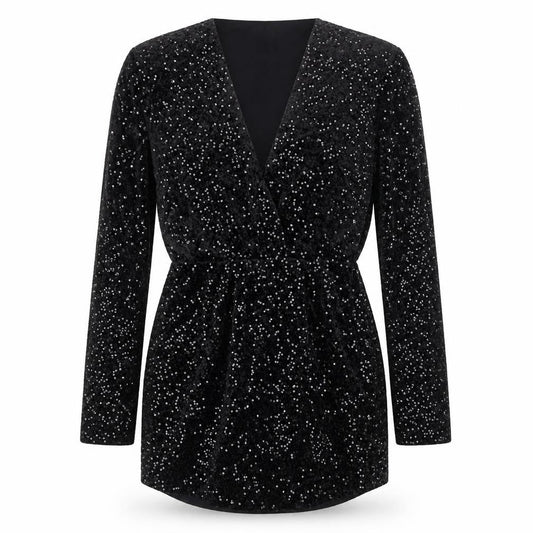 Zara Women Black Sequin Velvet Wrap Dress XS Long Sleeve Party