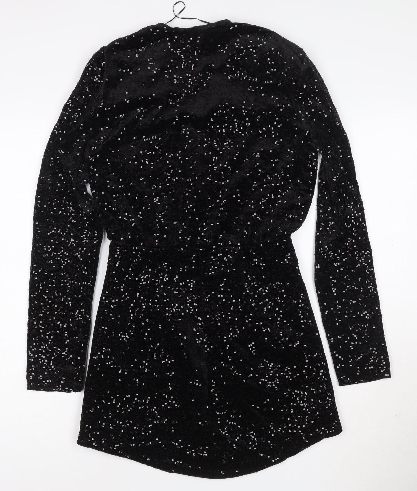 Zara Women Black Sequin Velvet Wrap Dress XS Long Sleeve Party