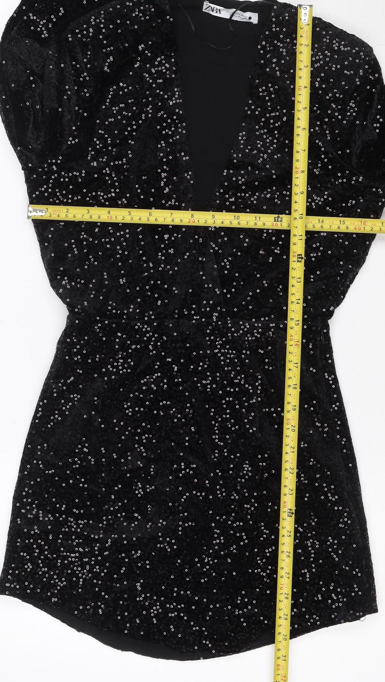 Zara Women Black Sequin Velvet Wrap Dress XS Long Sleeve Party