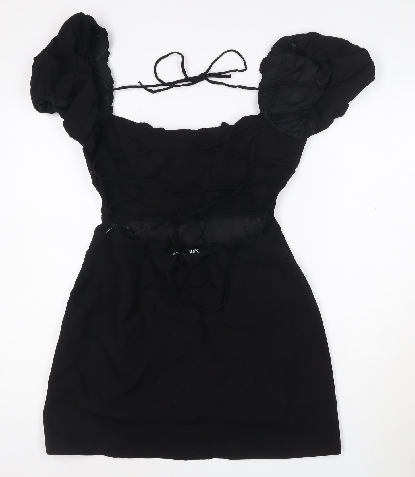 ZARA Women Black Short Puff Sleeve Ruched Bodycon Dress Size L