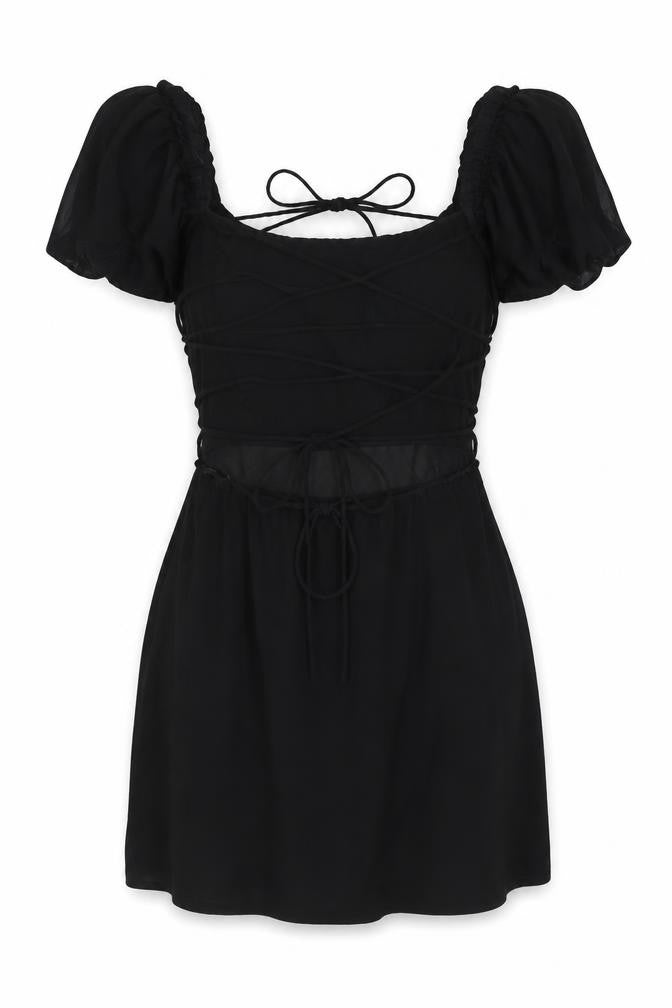 Zara Women Black Short Puff Sleeve Ruched Bodycon Dress Size L