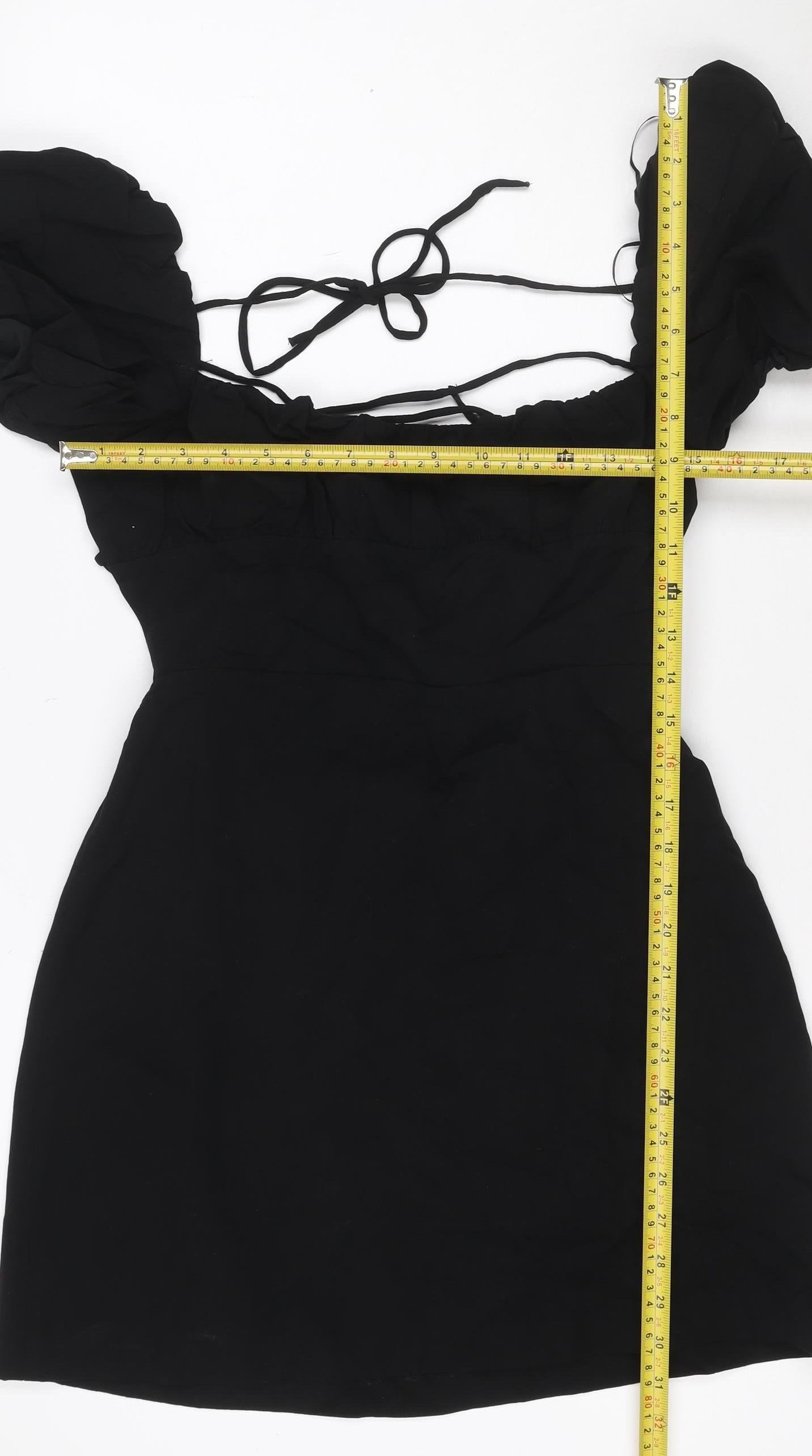ZARA Women Black Short Puff Sleeve Ruched Bodycon Dress Size L