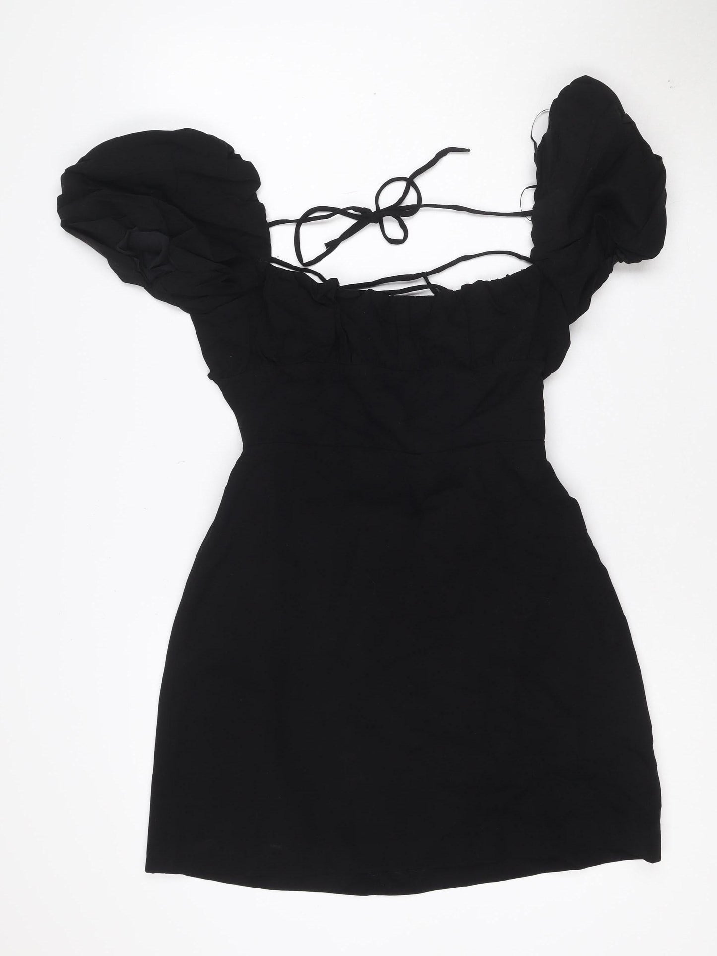 ZARA Women Black Short Puff Sleeve Ruched Bodycon Dress Size L