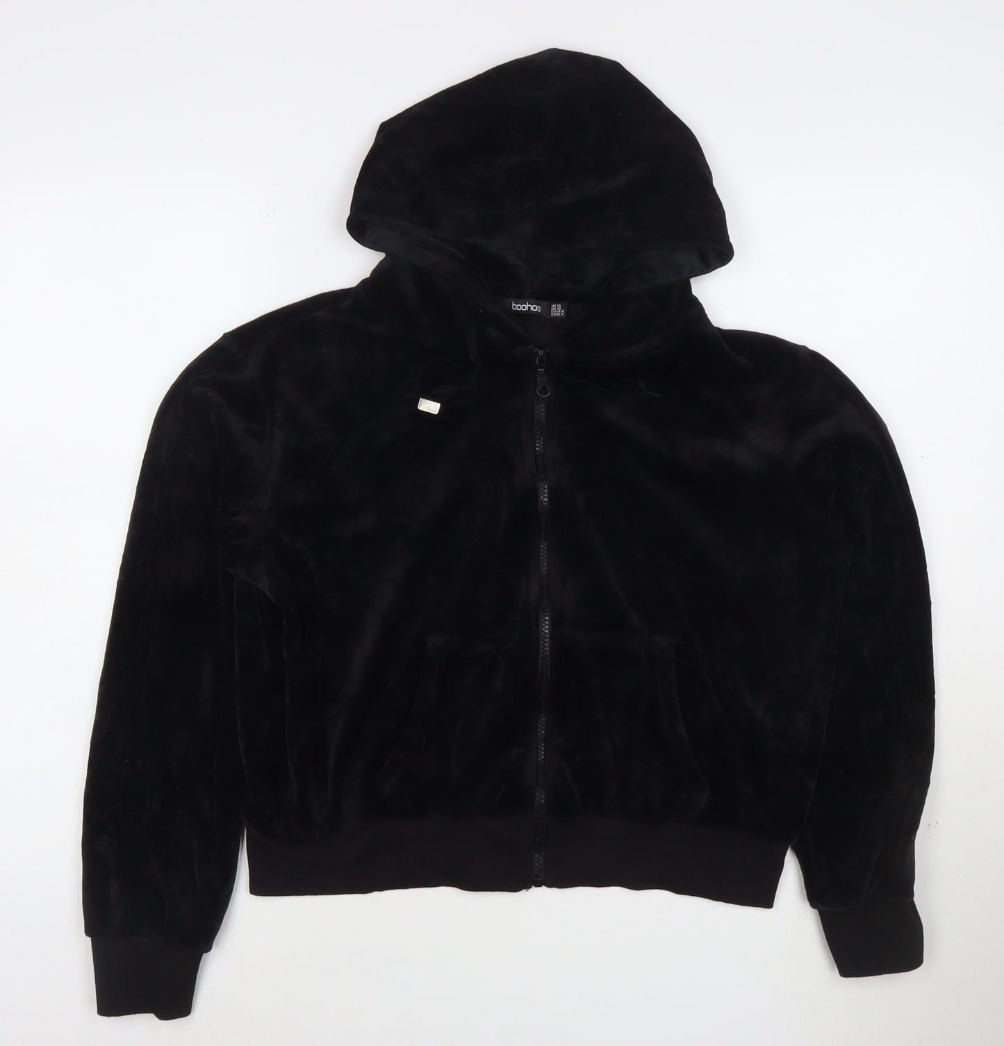 Boohoo Womens Black Velour Full Zip Hoodie UK 14