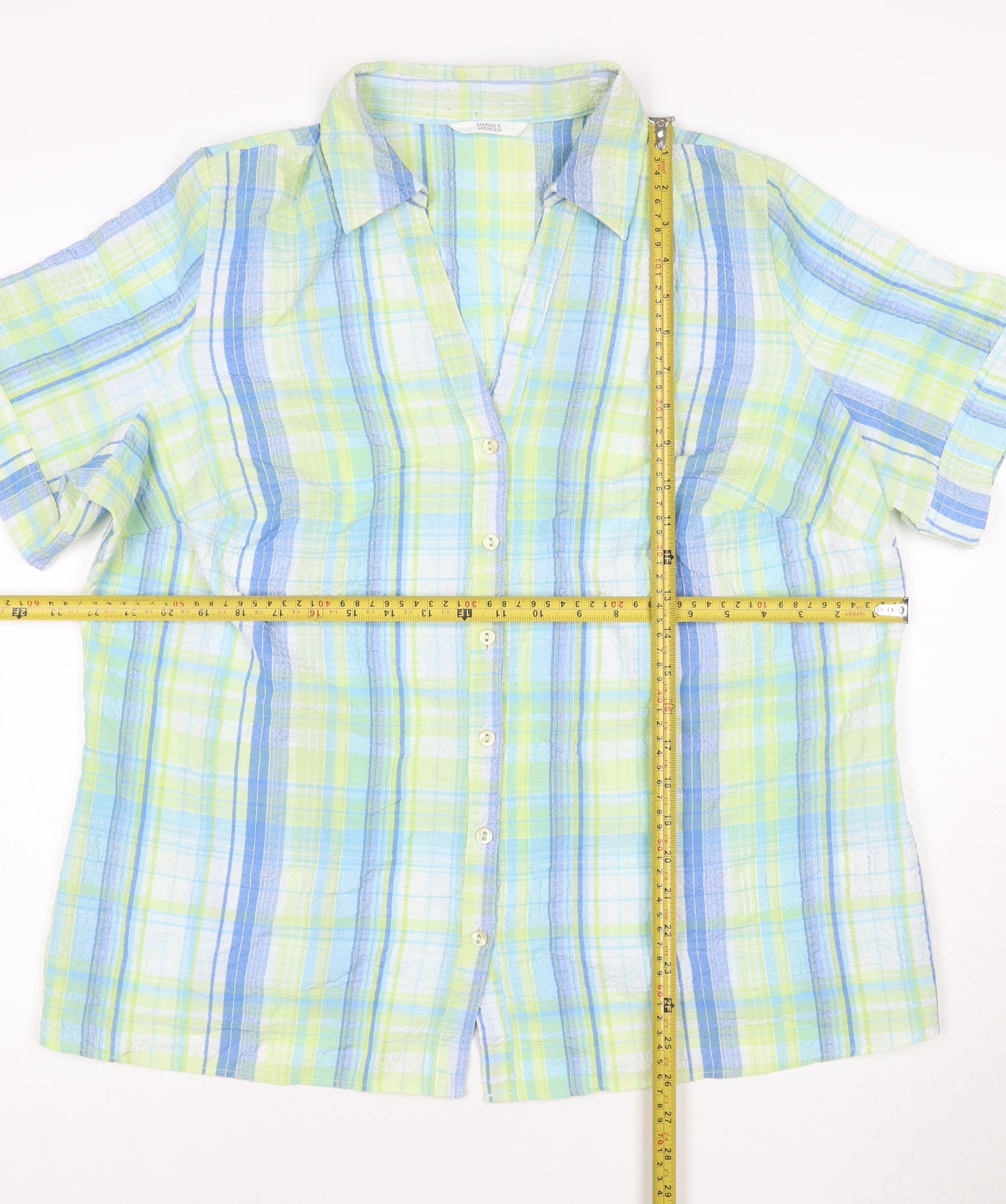 Marks and Spencer Women's Multicoloured Check Cotton Short Sleeve Button-Up Shirt Size 18