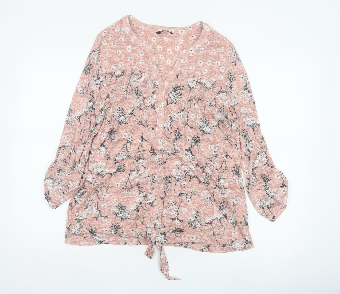 Roman Women’s Pink Floral 3/4 Sleeve V-Neck Tie Hem Blouse Size 16