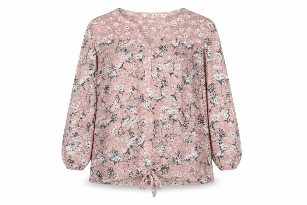 Roman Women’s Pink Floral 3/4 Sleeve V-Neck Tie Hem Blouse Size 16