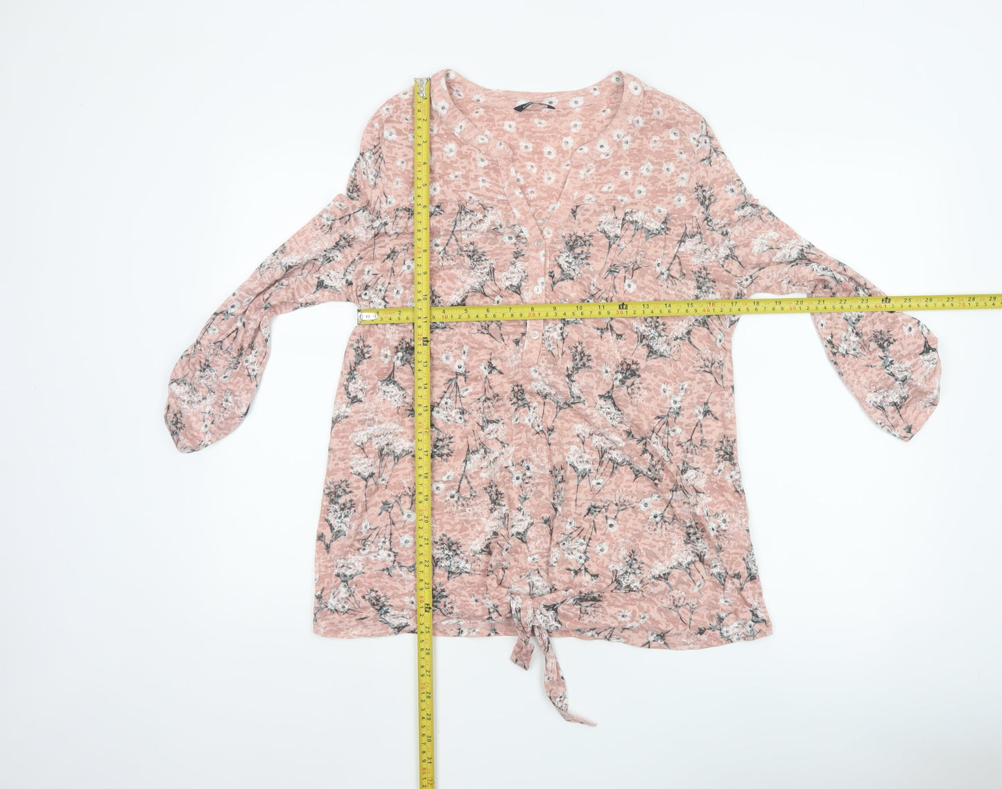 Roman Women’s Pink Floral 3/4 Sleeve V-Neck Tie Hem Blouse Size 16