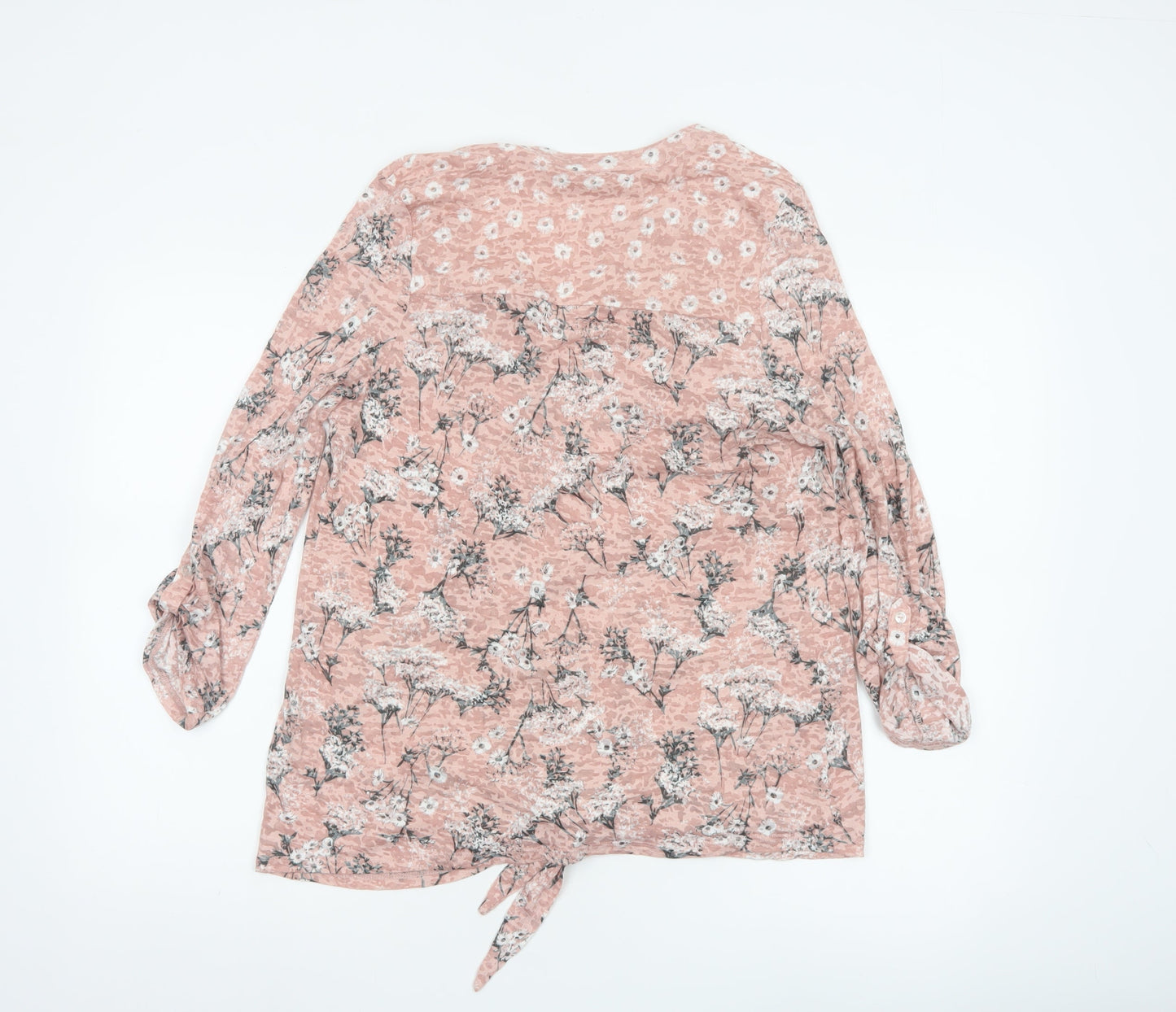 Roman Women’s Pink Floral 3/4 Sleeve V-Neck Tie Hem Blouse Size 16