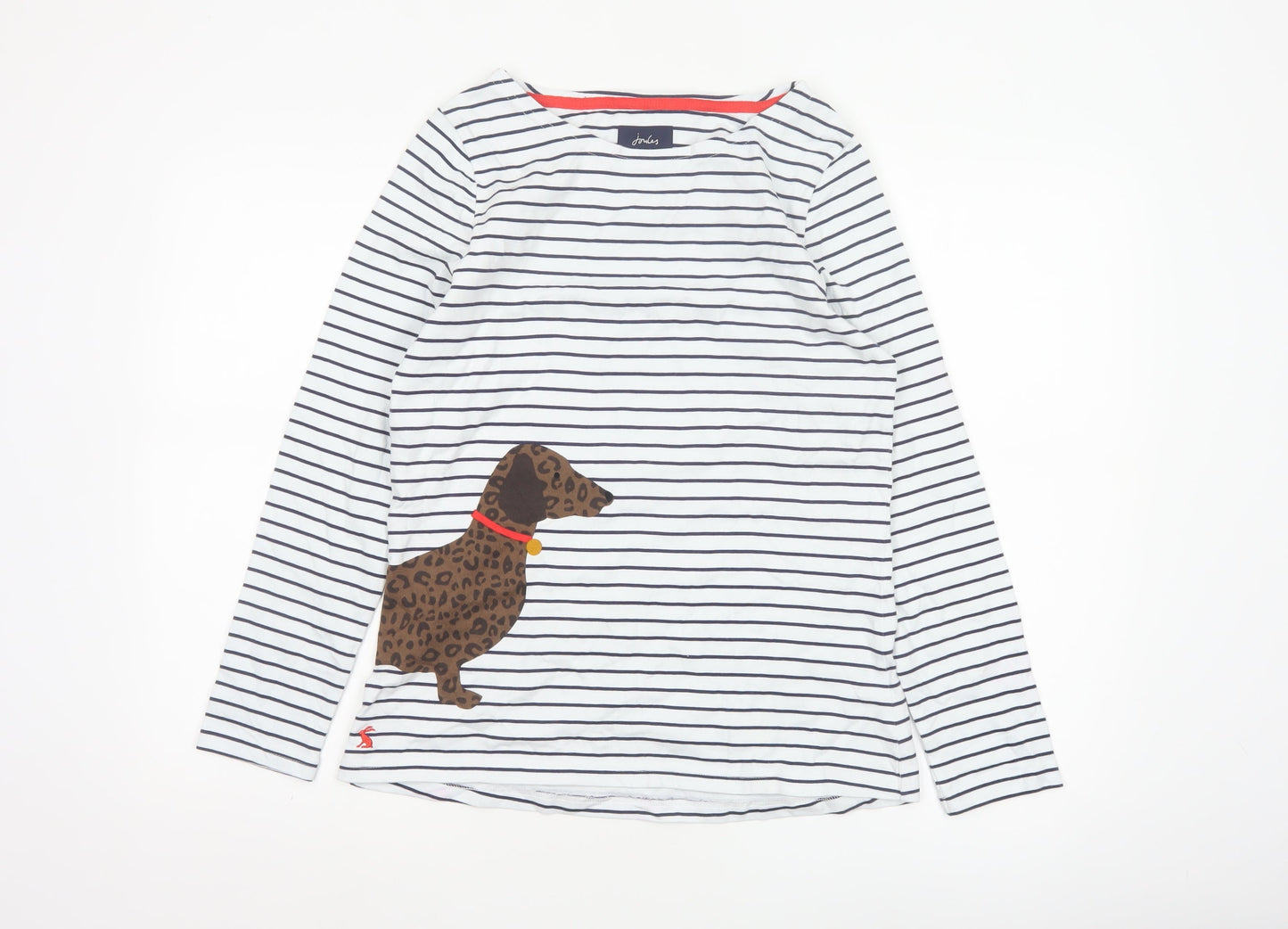 Joules Women's White Striped Long Sleeve Dog Cotton T-Shirt UK 10