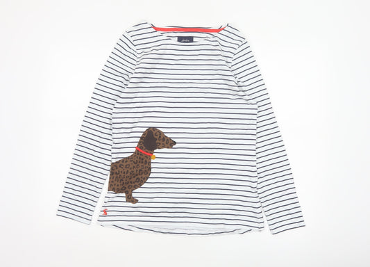 Joules Women's White Striped Long Sleeve Dog Cotton T-Shirt UK 10