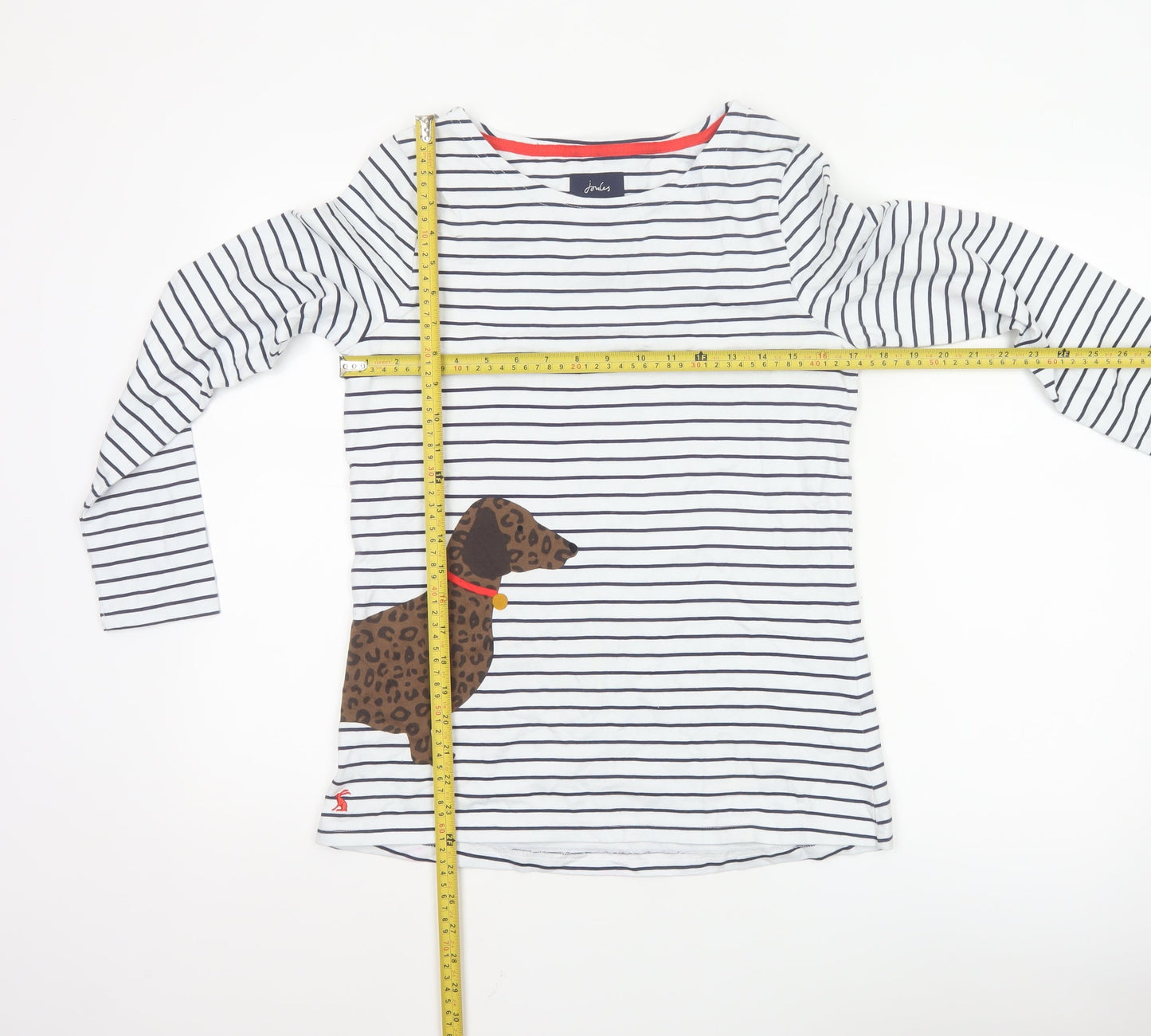 Joules Women's White Striped Long Sleeve Dog Cotton T-Shirt UK 10