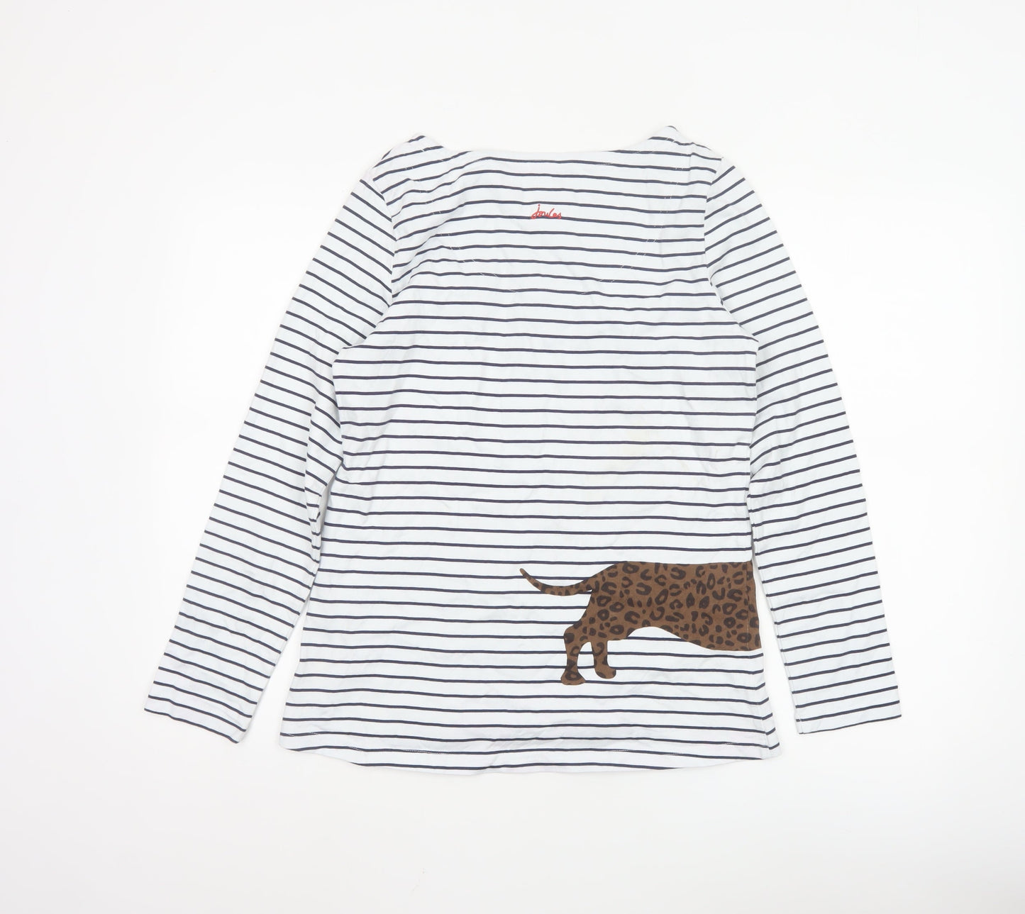 Joules Women's White Striped Long Sleeve Dog Cotton T-Shirt UK 10