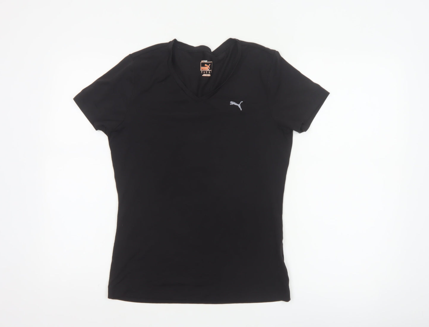 Puma Womens Black V-Neck Slim Fit Polyester T-Shirt Size 14