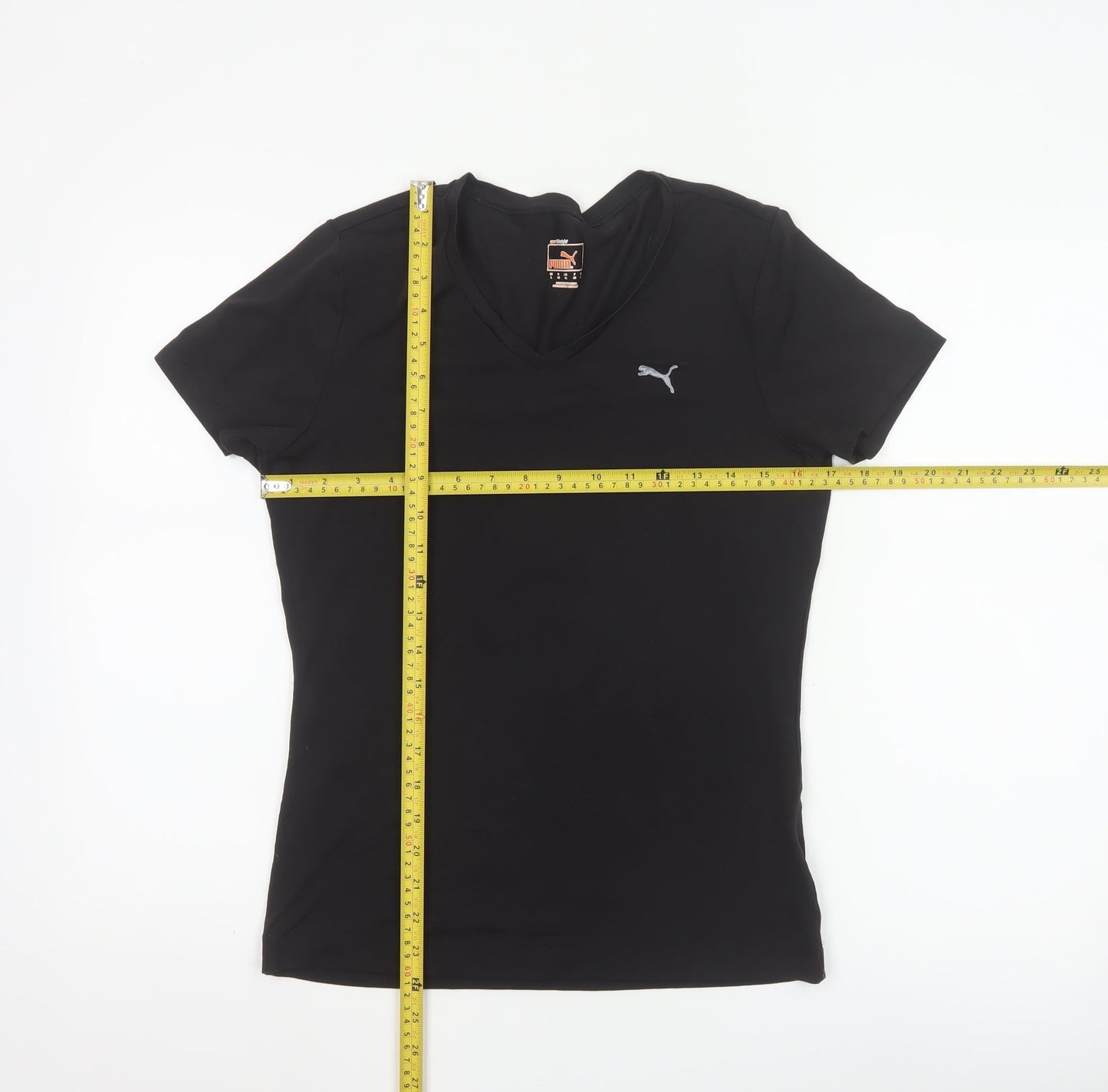 Puma Womens Black V-Neck Slim Fit Polyester T-Shirt Size 14