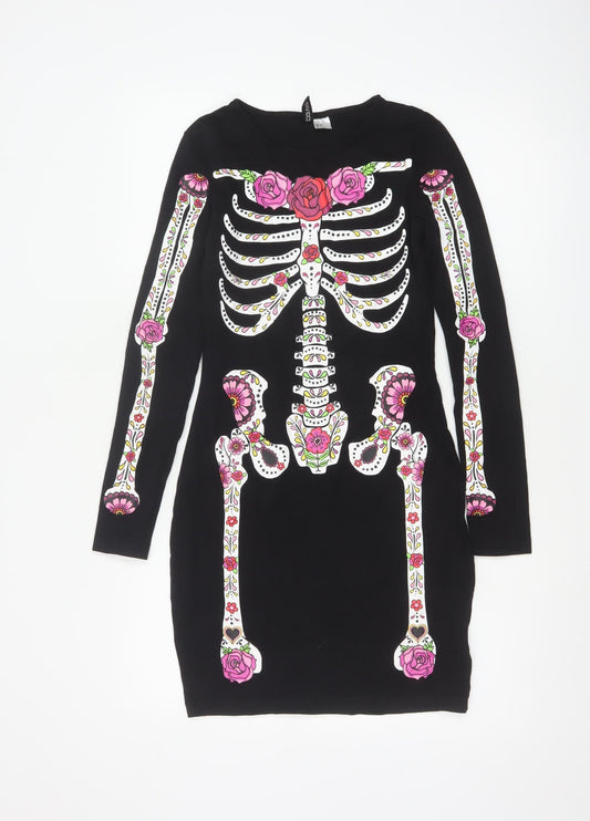 H&M Women Black Size 8 Skeleton Print Long Sleeve Bodycon Dress
