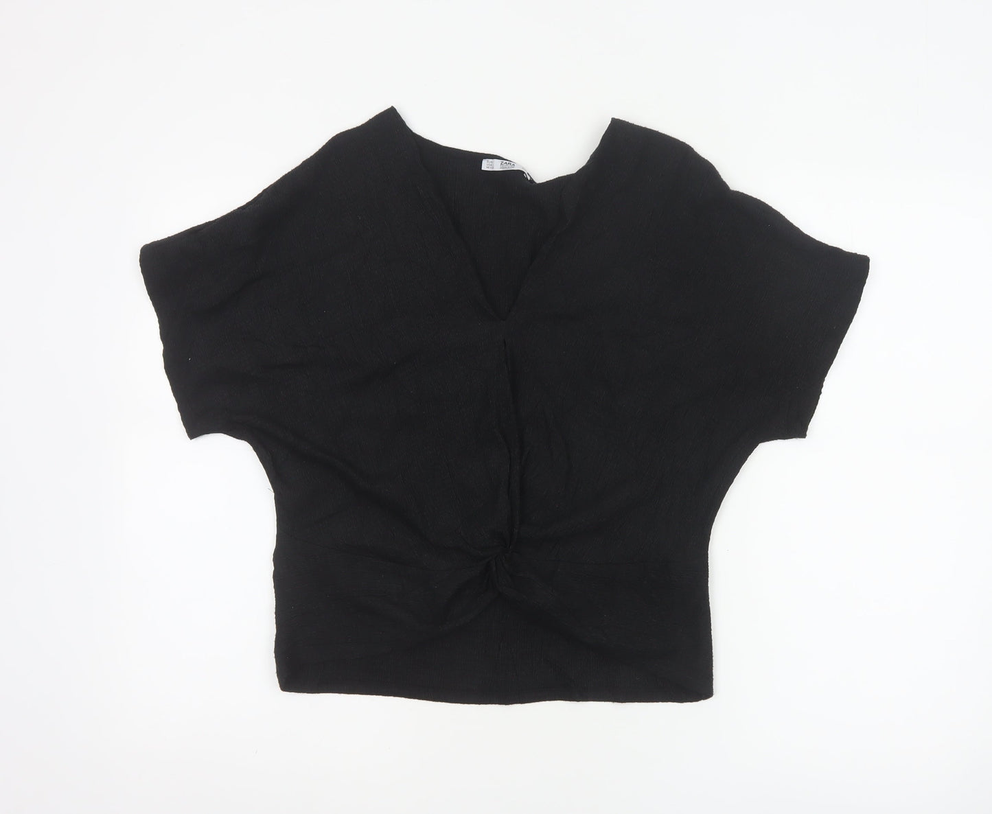 ZARA Women Black Basic V-Neck Knot Front Short Sleeve Blouse Size S