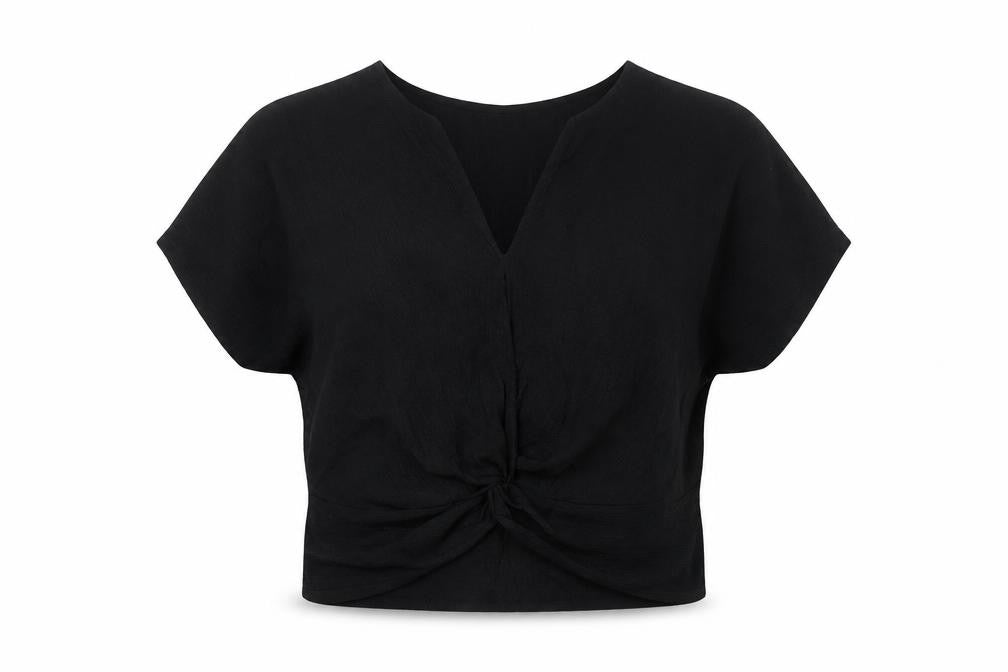 Zara Women Black Basic V-Neck Knot Front Short Sleeve Blouse Size S