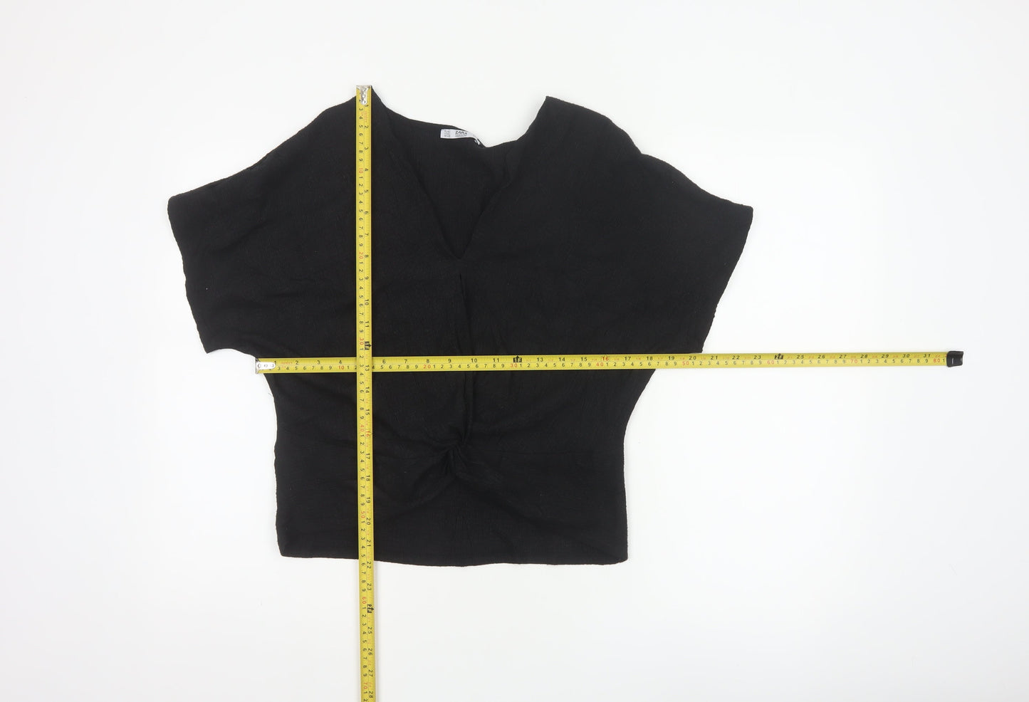 ZARA Women Black Basic V-Neck Knot Front Short Sleeve Blouse Size S