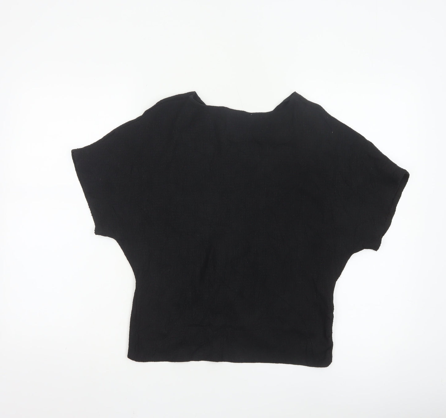 ZARA Women Black Basic V-Neck Knot Front Short Sleeve Blouse Size S
