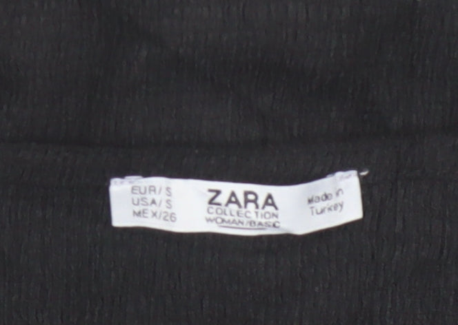 ZARA Women Black Basic V-Neck Knot Front Short Sleeve Blouse Size S