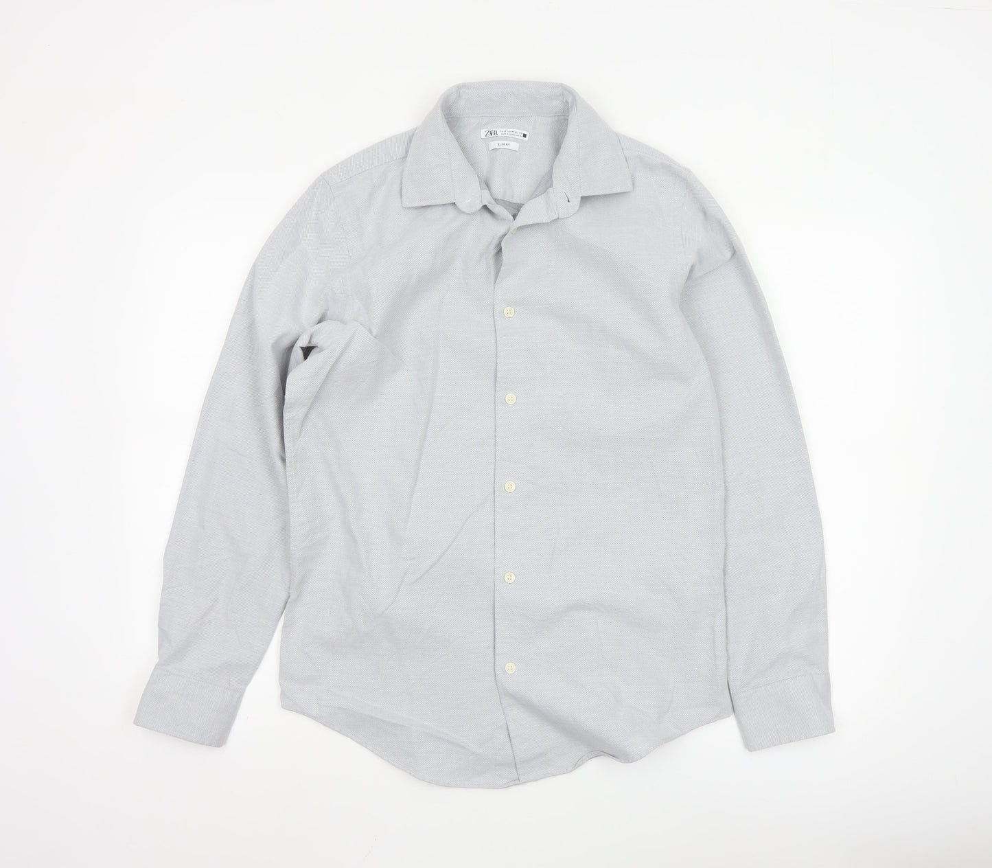 Zara Mens Grey Slim Fit Long Sleeve Button-Up Shirt Size M