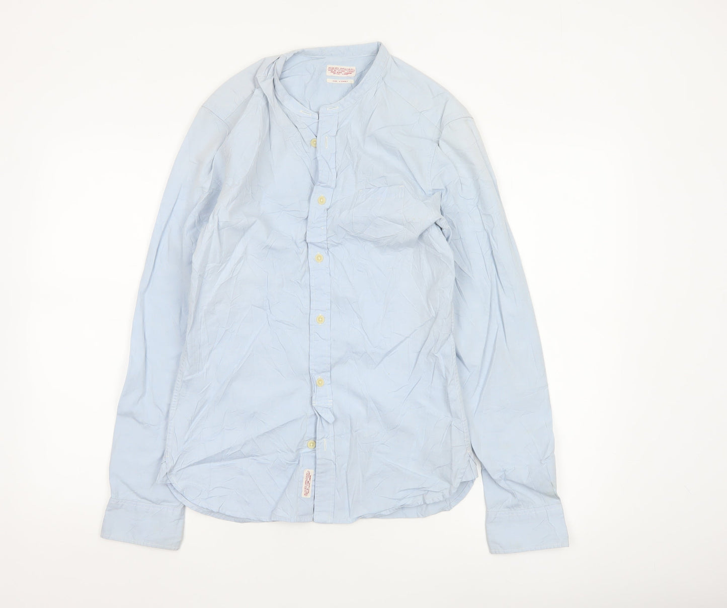 AllSaints Men’s Blue Slim Fit Cotton Long Sleeve Band Collar Shirt XS
