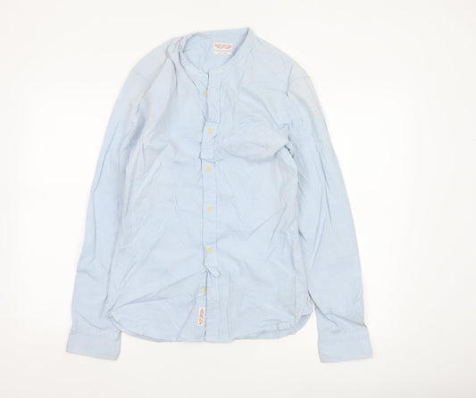 AllSaints Men’s Blue Slim Fit Cotton Long Sleeve Band Collar Shirt XS