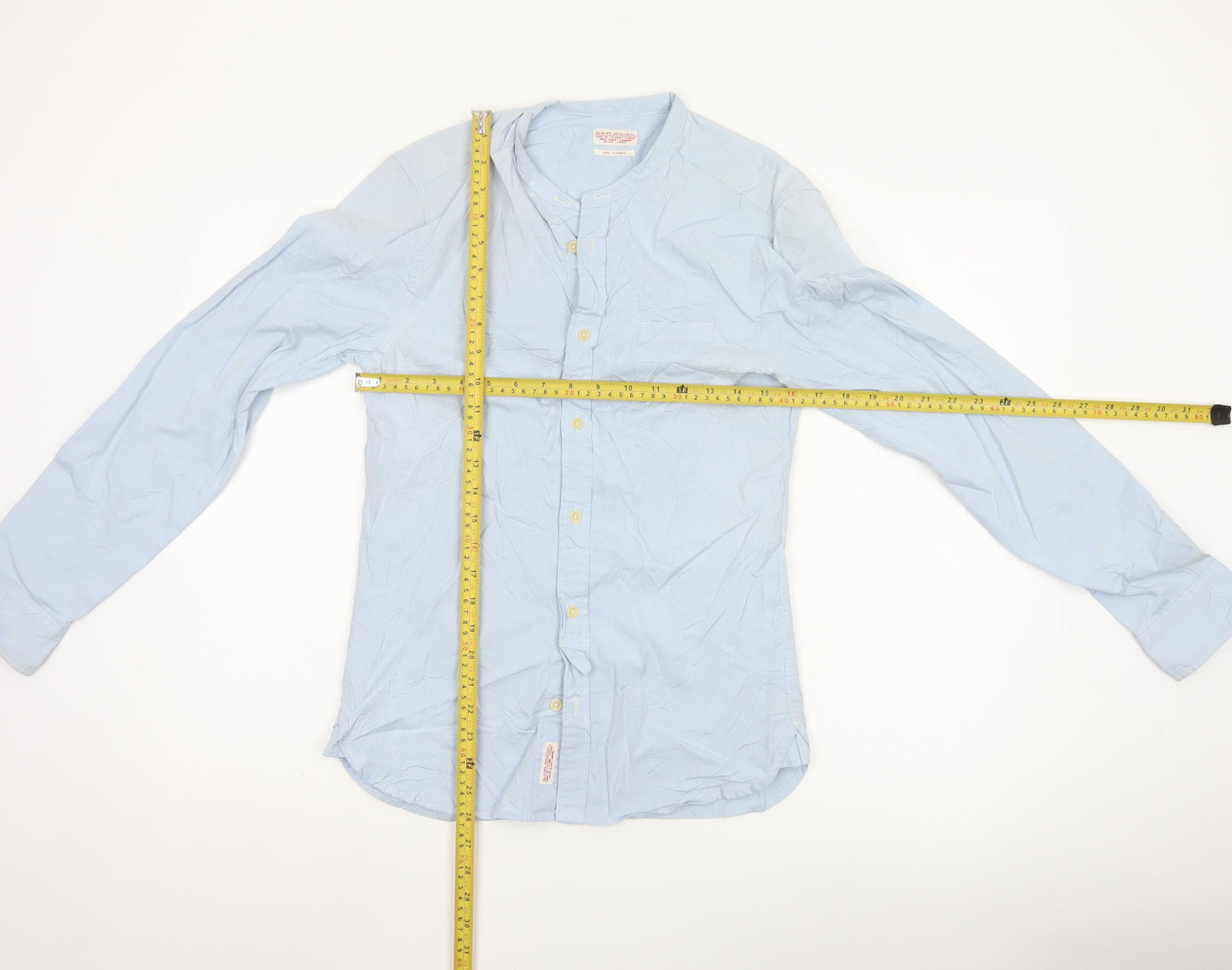AllSaints Men’s Blue Slim Fit Cotton Long Sleeve Band Collar Shirt XS