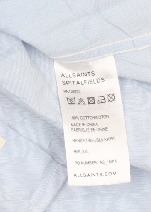 AllSaints Men’s Blue Slim Fit Cotton Long Sleeve Band Collar Shirt XS