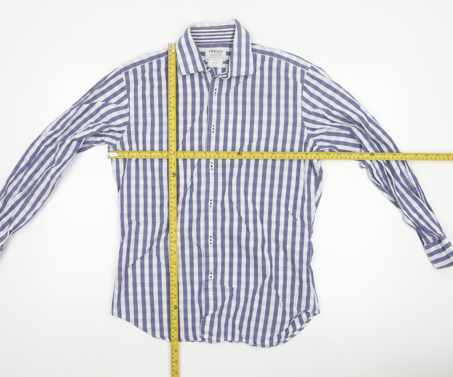 T.M.Lewin Men's Blue Check Slim Fit Cotton Long Sleeve Shirt 15.5in