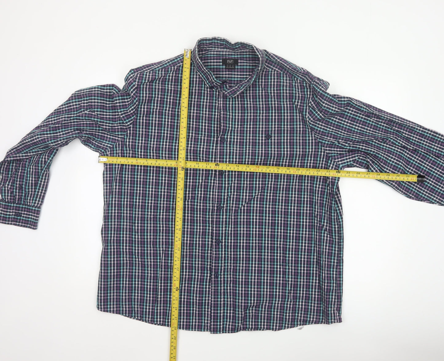 F&F Men's Blue Checked Long Sleeve Button-Up Cotton Shirt 2XL